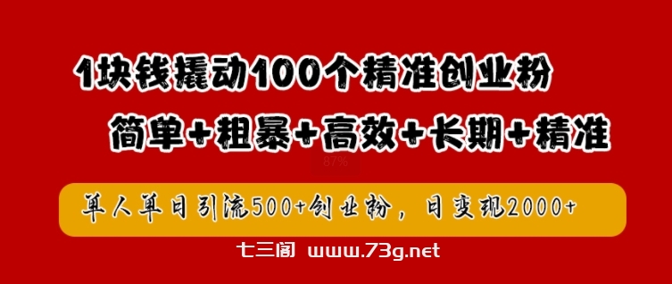 1块钱撬动100个精准创业粉，简单粗暴高效长期精准，单人单日引流500+创业粉，日变现2k【揭秘】-七三阁